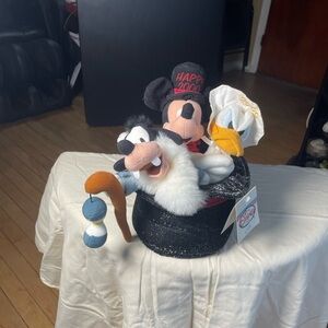 Disney Plush Characters in Black, White, Yellow and Red Celebration Hat